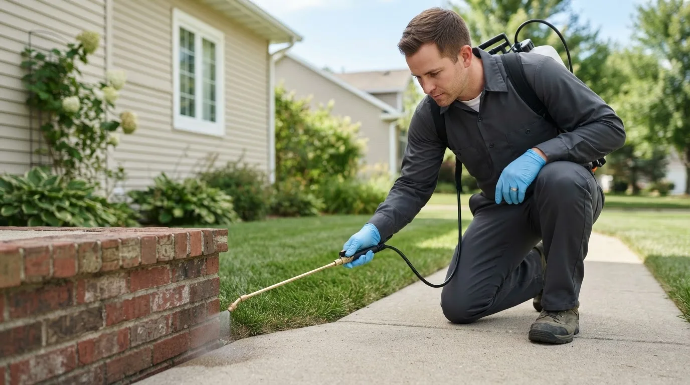 Pest control technician treating a home near Oldenburg, IN
