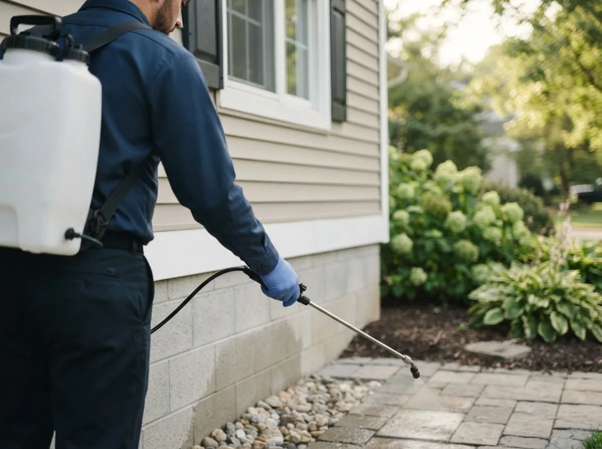 Pest control technician inspecting a home in Oldenburg, IN